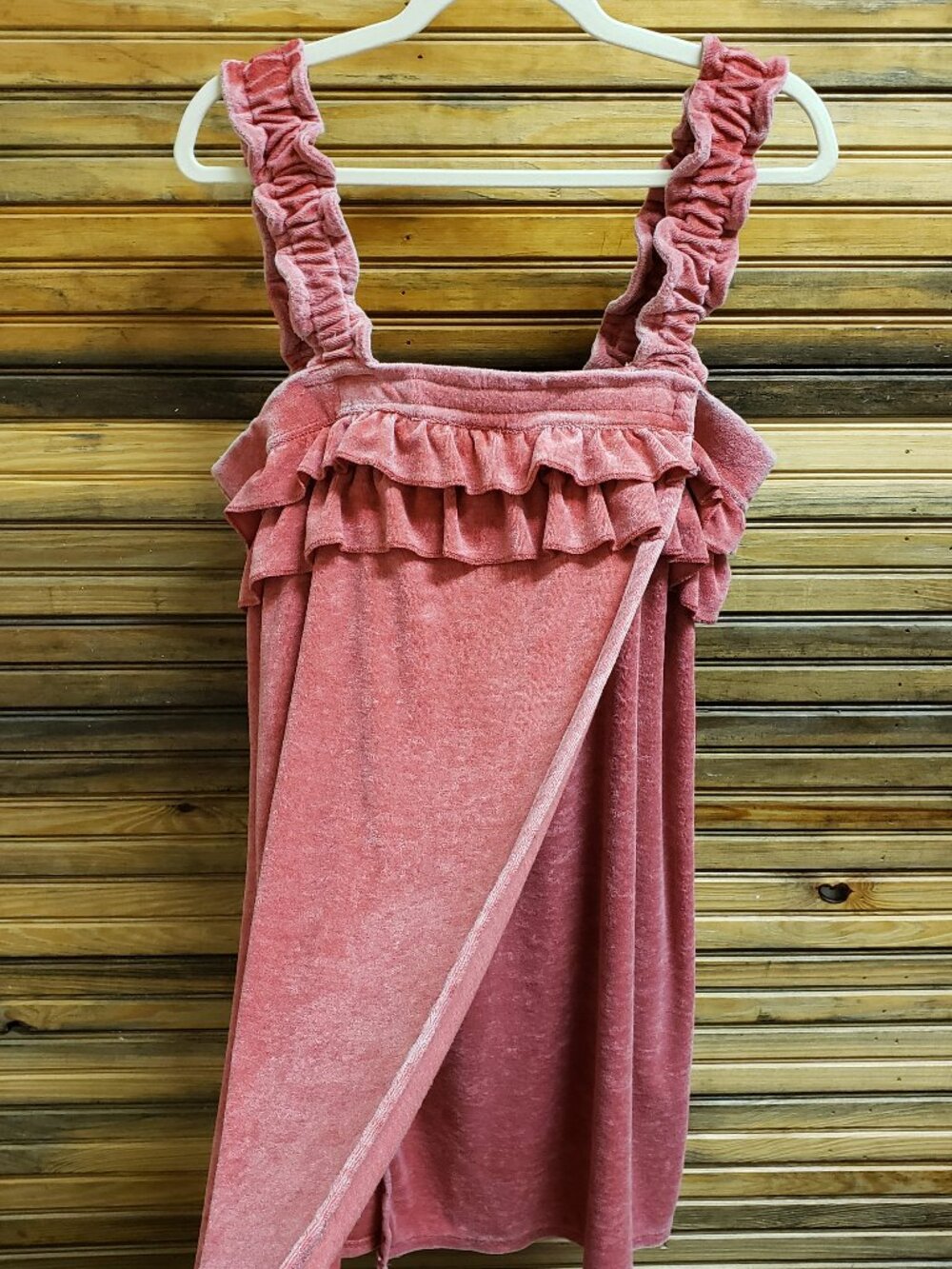 Jasmine & Ginger Pink Terry Cloth Spa Towel Wrap Bath Robe Velcro Ruffle L/XL